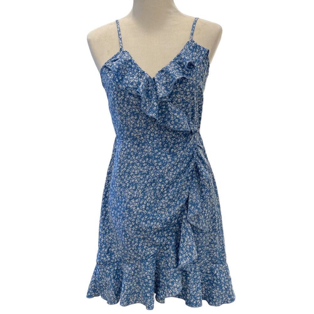 Shein Blue Floral Boho Choc Mini Wrap Around Flowy Ruffled Dress